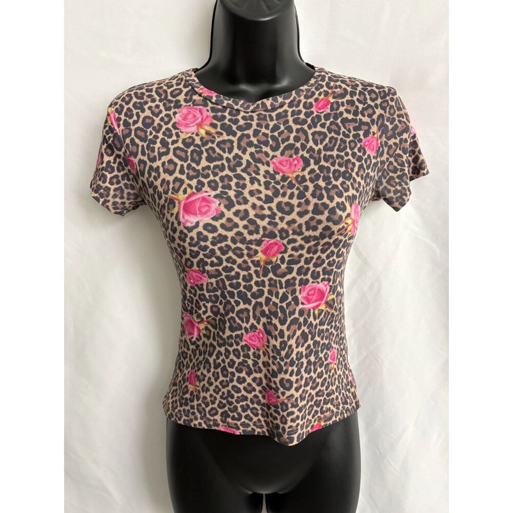 Vintage Monteau Leopard Rose Pink Baby Tee Size S Stretchy Mesh 90s Y2K Cute